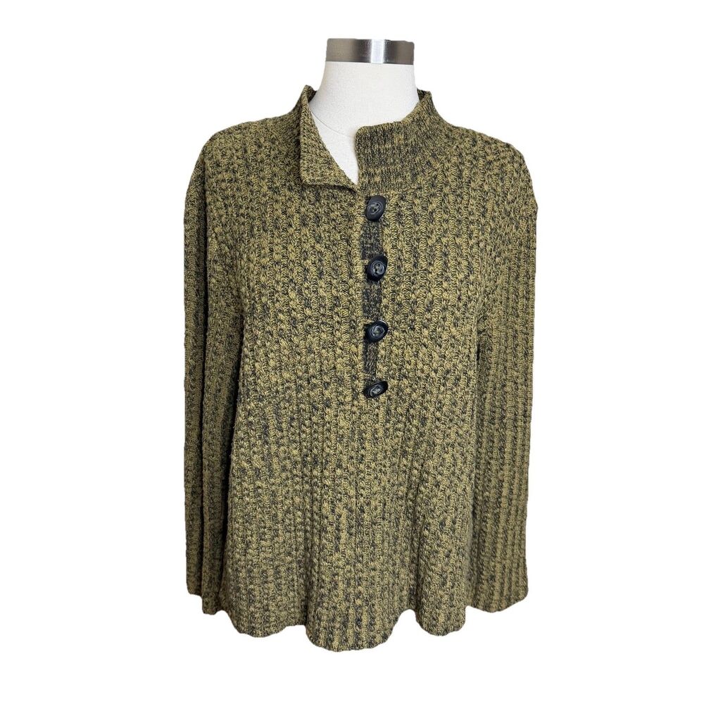 Willow Mock Neck Marled Knit Sweater M Green Black Chunky Pullover